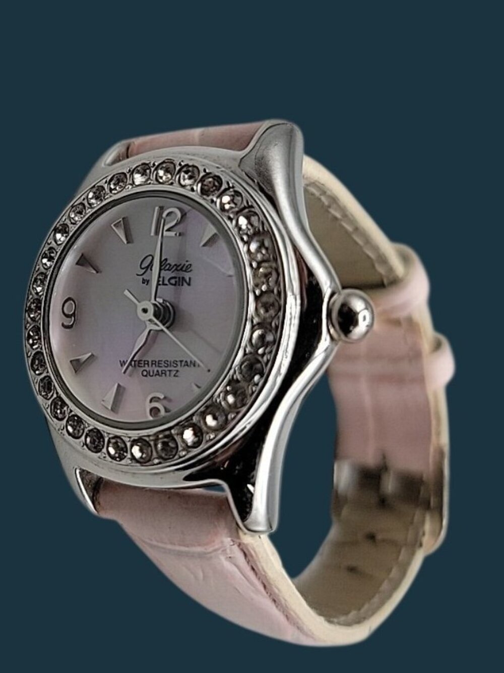 Galaxie Elgin Ladies Quartz Watch 6.5" Pink Leather Band 28mm Bubble MOP W1663 - Picture 2 of 16